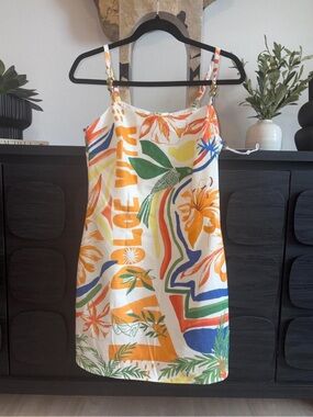 Siena Studio White Mini Dress with Orange, Green & Blue Tropical Print